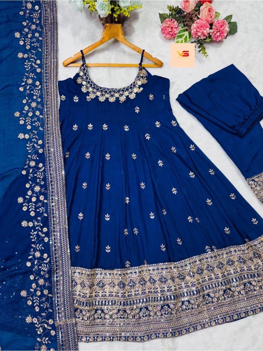 Navy Blue Embroidered Anarkali Dress with Dupatta